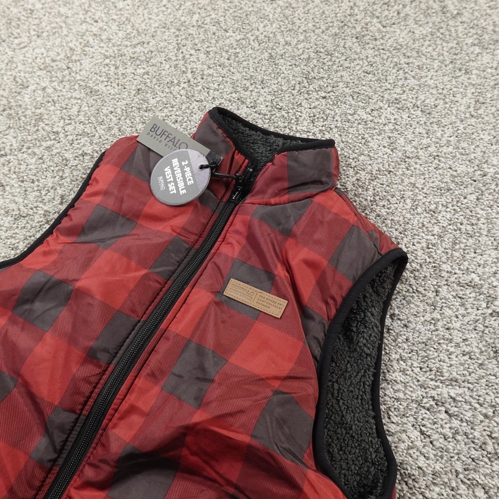 NEW Buffalo David Bitton Vest Kids S 7-8 Red Plaid Reversible Sherpa Lined Youth